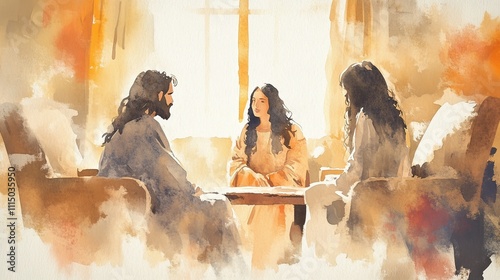 In a cozy indoor space filled with soft sunlight, Jesus shares a meaningful conversation with Mary and Martha, capturing warmth and connection