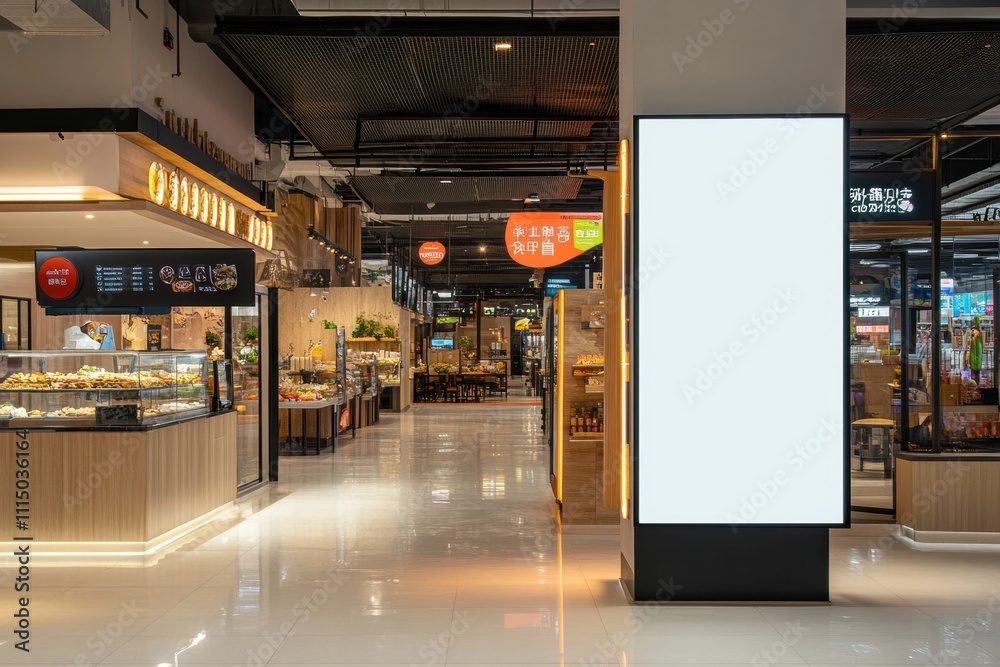 Blank Vertical Billboard Mockup in Modern Shopping Mall:  A pristine, blank vertical billboard stands prominently in a contemporary shopping mall.
