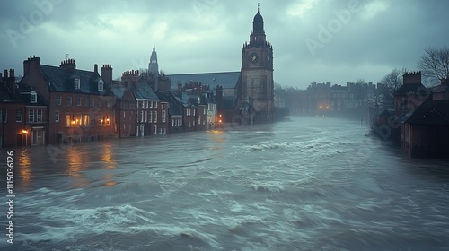 Extensive flooding occurs near a historic structure, representing the increasing frequency of extreme weather events photo