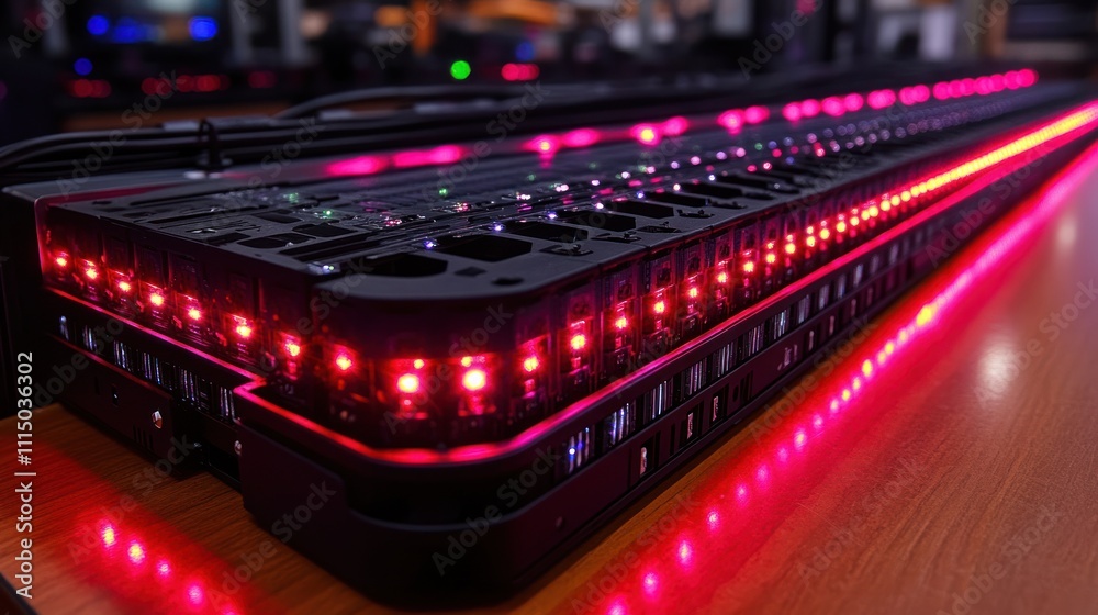 A close-up of a device with illuminated controls, likely for audio or lighting management. A close-up of a device with illuminated controls, likely for audio or lighting management.
