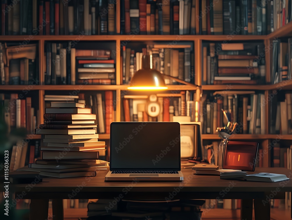 Fototapeta premium A Stack of Antique Hardcover Books Next to an Open Laptop on a Wooden Desk in a Sunlit Library, Bridging the Worlds of Traditional and Modern Knowledge