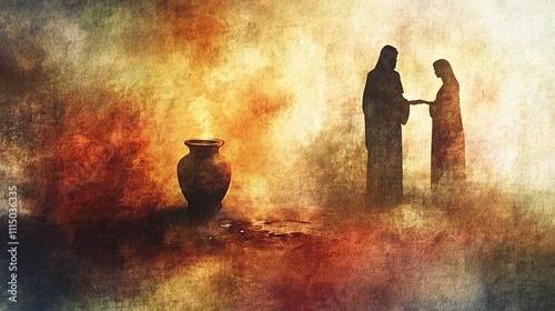 In a soft candlelit room, Mary anoints Jesus with perfume from an alabaster jar, creating a tender moment surrounded by gentle, warm tones and rich textures