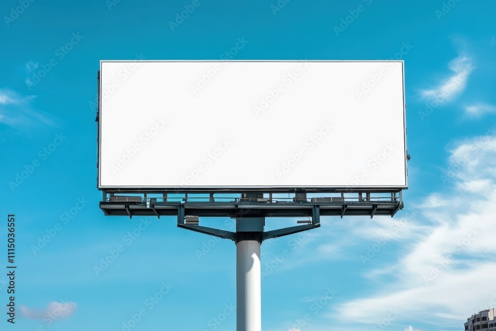 Fototapeta premium Blank Billboard Mockup: A towering billboard against a bright blue sky awaits your message. This photorealistic mockup is perfect for showcasing your brand, design, or advertisement.