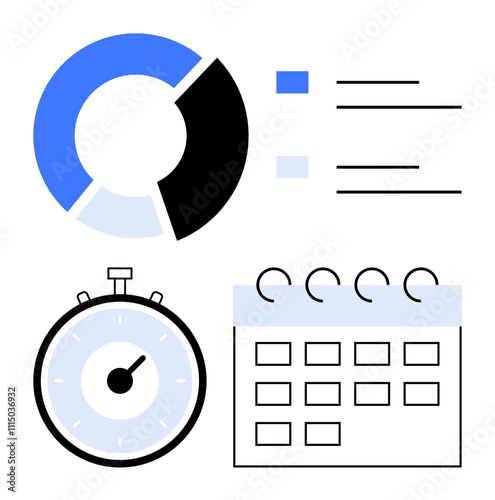 Pie chart with segmented sections, stopwatch showing elapsed time, calendar with date boxes, and horizontal bar indicators. Ideal for business analytics, productivity, time management, project