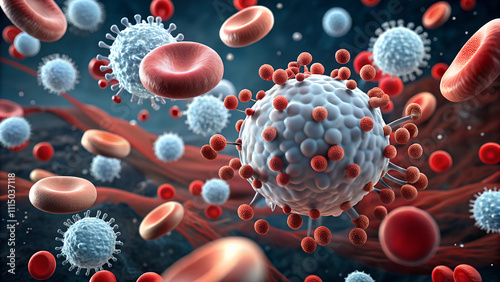 A microscopic view of blood during an immune response, featuring active white blood cells and platelets in motion. photo