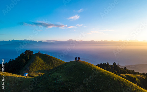 sunrise over the mountains in Sailung, Nepal. photo