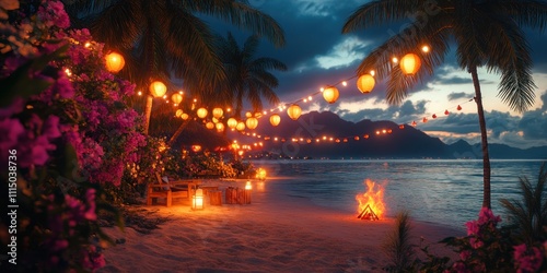 Tropical Beach Night Scene With Lanterns And Fire