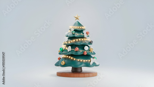 Cristmas tree with decorations, isolated on white background, 3D illustration, 3d render