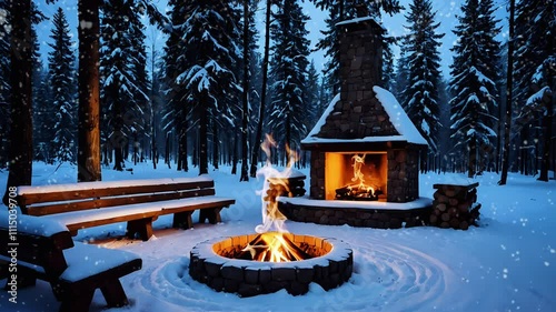Rustic outdoor fireplace glowing warmly in a snowy forest surrounded by benches, peaceful winter scene.