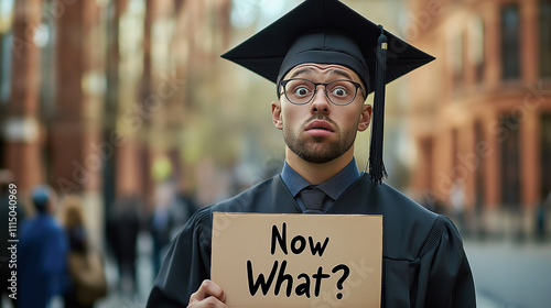 Confused graduate holding sign asking now what? Question mark about future