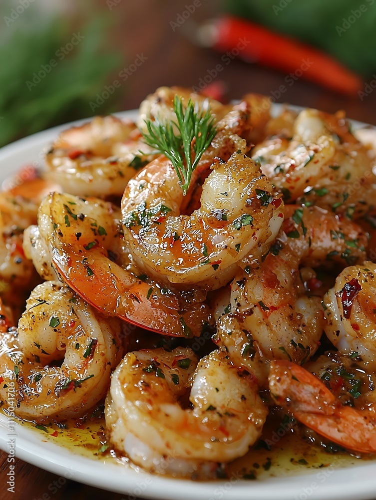 Close-up of Delicious Spicy Garlic Shrimp Smothered in Herb Sauce. Close-up of Delicious Spicy Garlic Shrimp Smothered in Herb Sauce.
