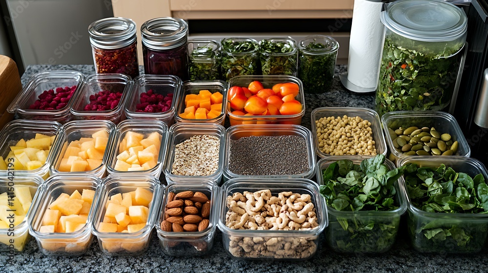 A clean and organized meal prep station featuring vibrant fruits, nuts, seeds, and leafy greens ready for plant-based meals A clean and organized meal prep station featuring vibrant fruits, nuts, seeds, and leafy greens ready for plant-based meals