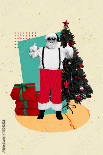 Vertical cartoon 3d art image photo collage of happy old man santa claus show like gesture present box delivery new year tree celebration photo