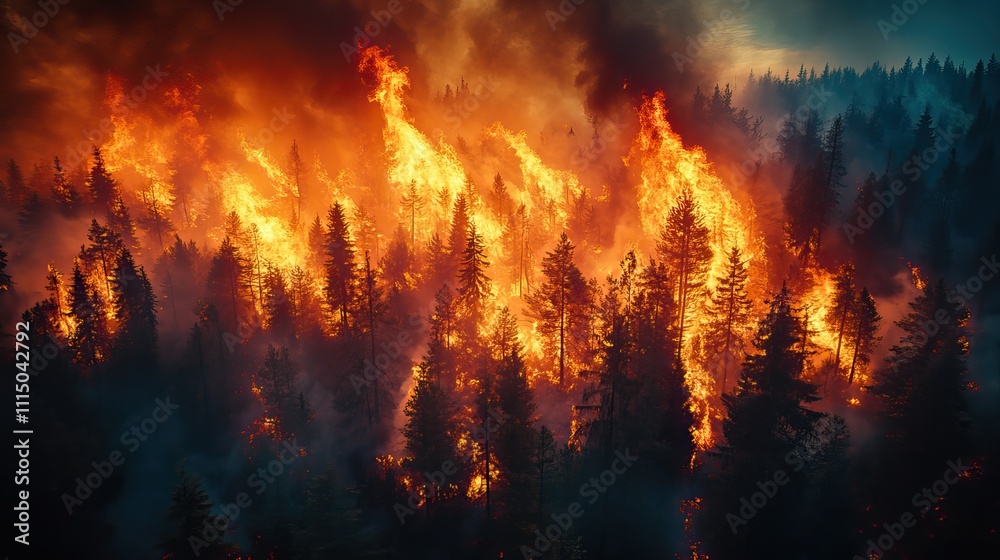 Flames tear through a mixed forest, leaving a trail of destruction in their wake Flames tear through a mixed forest, leaving a trail of destruction in their wake
