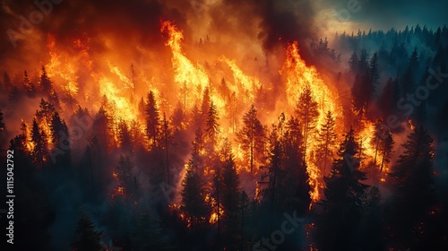 Flames tear through a mixed forest, leaving a trail of destruction in their wake