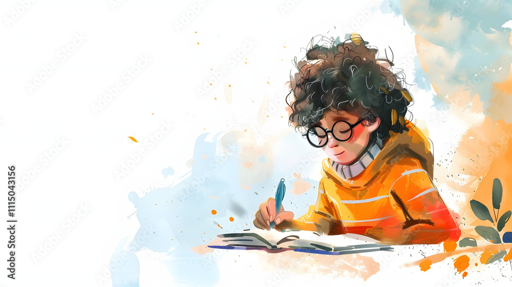 Naklejka premium Watercolor Painting cartoon character Doing homework