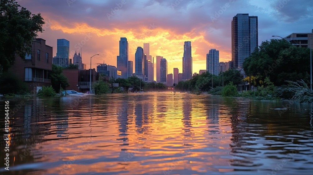 Fototapeta premium Flooding in a cityscape after a severe storm, demonstrating the destruction that rising water levels can cause in urban areas