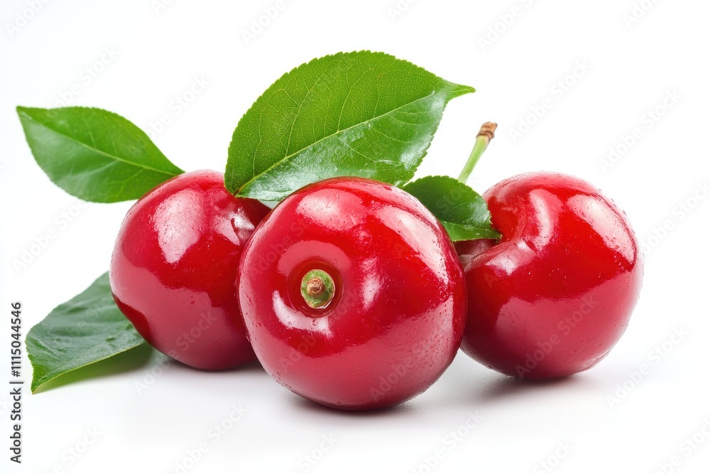 Obraz premium Trio of vibrant red acerola cherries with green leaves on white background