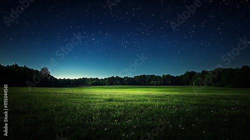 A vibrant green field extending to a horizon of trees and a luminous starry night