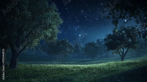 A tranquil landscape featuring a meadow surrounded by trees and a sparkling night sky