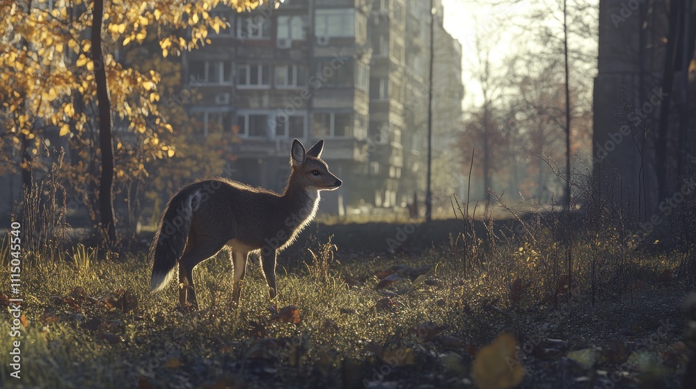 Fototapeta premium Urban Wildlife: A Deer in the City's Golden Hour