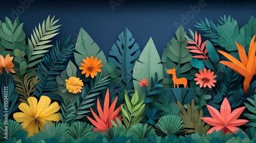 Vibrant Paper Cut Jungle Scene with Colorful Plants and a Stylish Deer, Perfect for Nature and Wildlife Themes in Creative Projects
