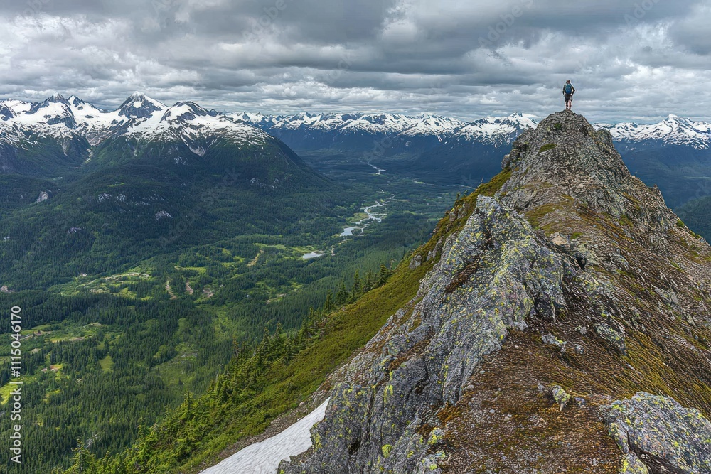 Fototapeta premium A hiker stands atop a rocky peak, overlooking a breathtaking mountainous landscape.