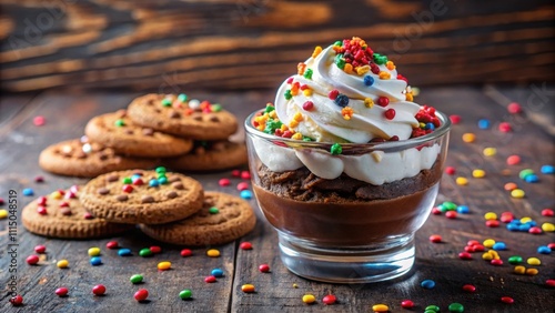 Indulgent chocolate dessert topped with whipped cream, colorful sprinkles, and crunchy cookies, chocolate, whipped cream