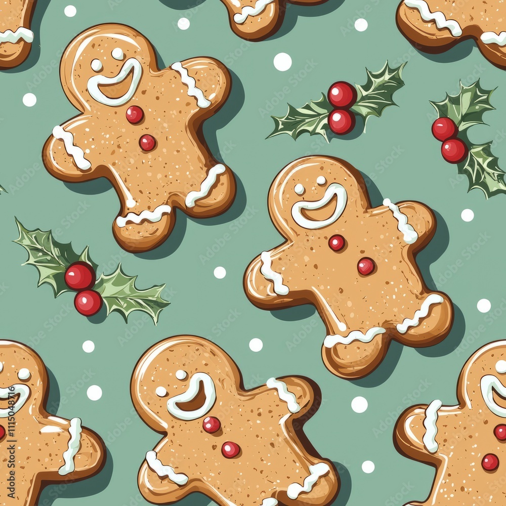Seamless pattern of gingerbread cookies with holly Seamless pattern of gingerbread cookies with holly