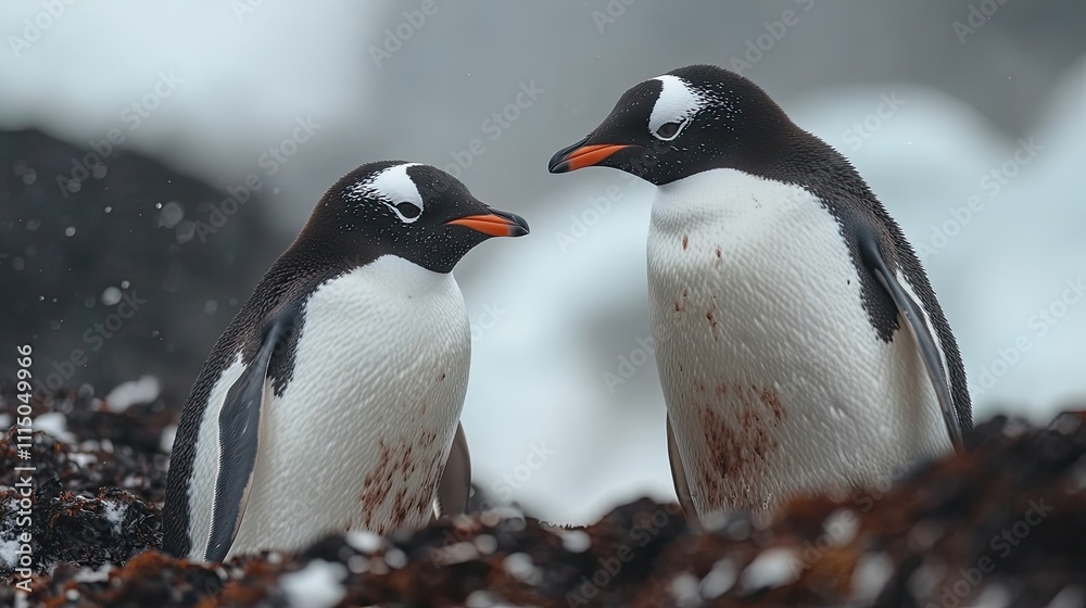 Obraz premium Gentoo penguins confront chinstrap penguins on a remote island, symbolizing the struggle for survival in Antarctica