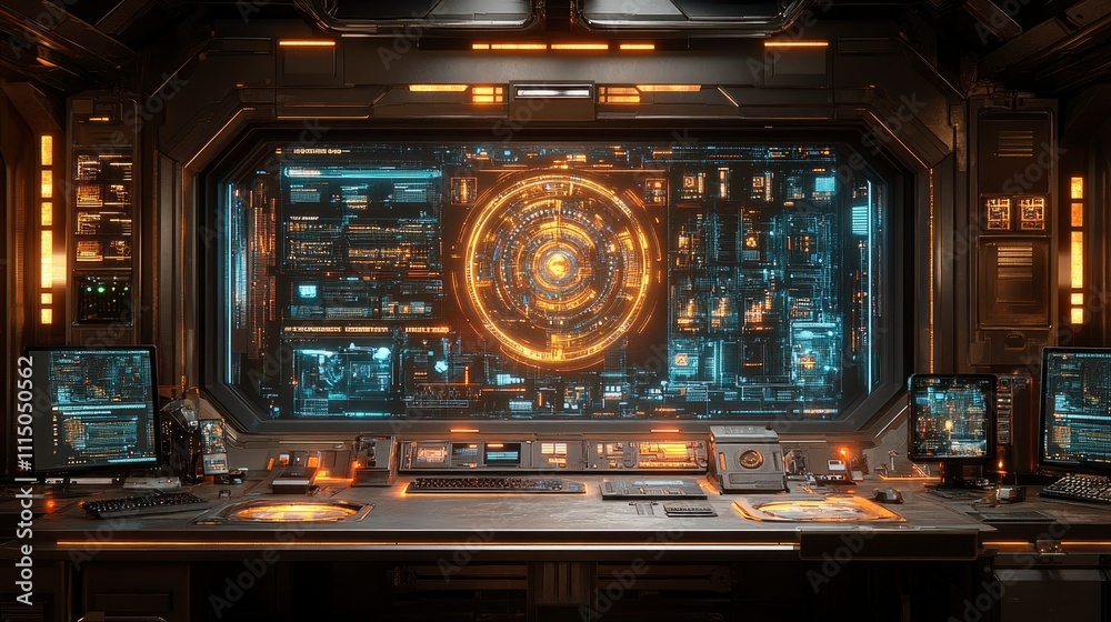 Fototapeta premium Futuristic control room with glowing interfaces and screens
