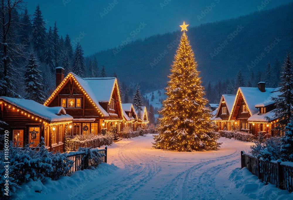 Naklejka premium A snowy village at night with warm golden lights glowing from every house and a giant decorated Christmas tree
