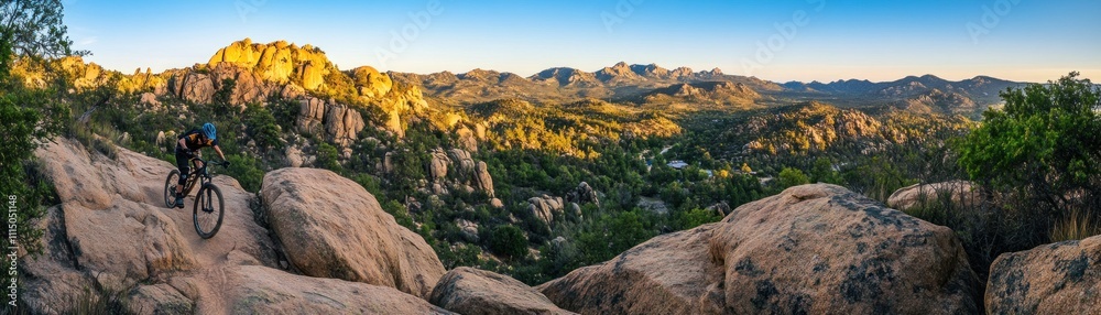 Obraz premium A cyclist navigates rocky terrain in a scenic outdoor landscape during sunset.
