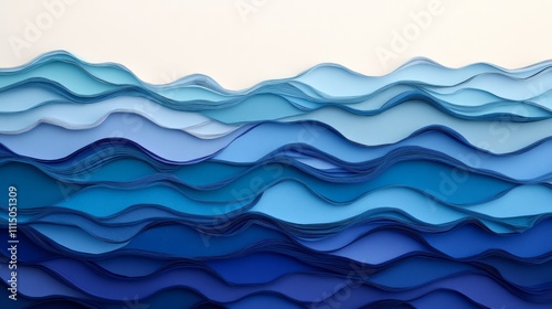 Abstract Layers of Blue and Aqua Waves Created with Paper Art Design, Showcasing a Beautiful Blend of Shades Capturing Depth and Movement in a Unique Artistic Expression