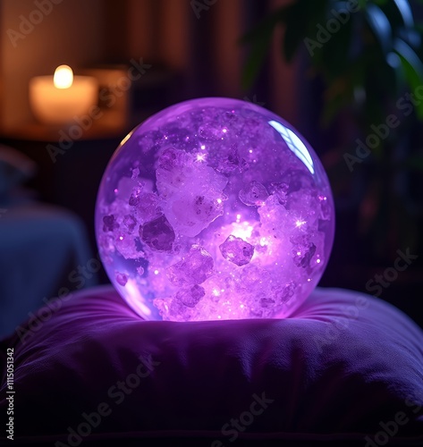 Glowing purple crystal ball on cushion in dark room