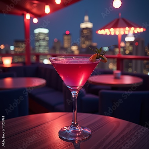Pink cocktail on rooftop bar with city skyline view