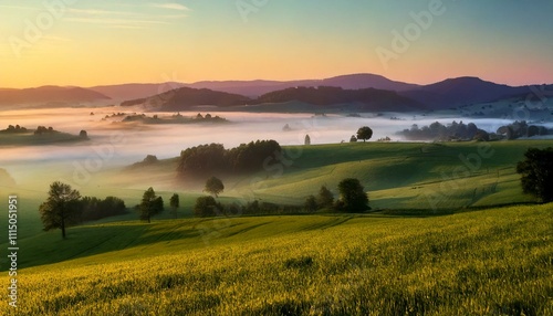 Sunrise over the river. Landscape, sunrise, fog, mist. Beautiful nature. Mountains and field. Countryside. Panorama view.