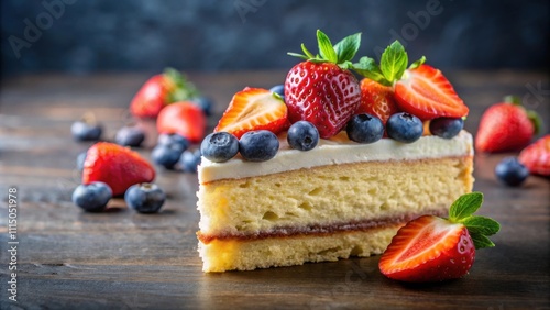 Slice of cake topped with fresh blueberries and strawberries, cake, dessert, slice, blueberries, strawberries, fruit