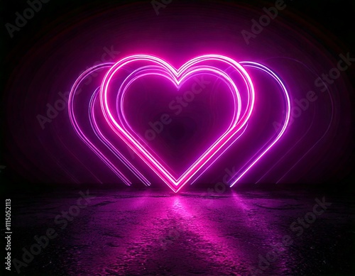 Glowing heart on dark background. Neon heart. Pink heart on black background. Background with hearts.