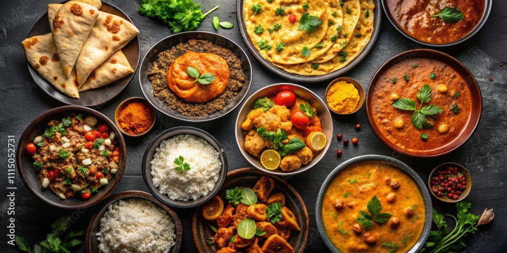 Assorted Indian food dishes on black background, Indian cuisine, spicy, flavorful, traditional, assortment, curry, naan Assorted Indian food dishes on black background, Indian cuisine, spicy, flavorful, traditional, assortment, curry, naan