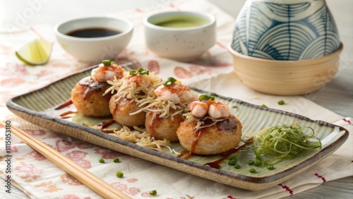 Delicious Takoyaki with Shrimp and Sauces on a Decorative Plate