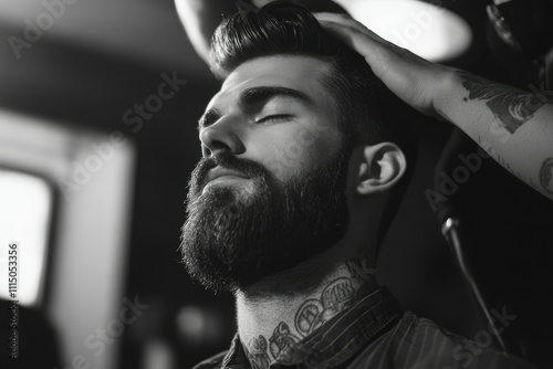 A man with a beard and tattoos receives a haircut and styling in a barber shop.