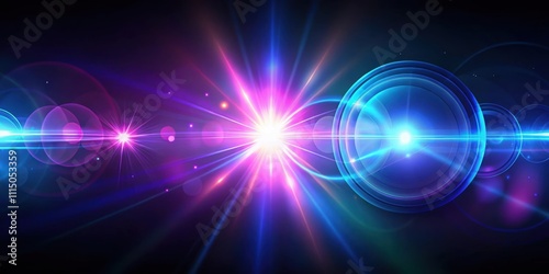 Colorful optical lens flares in blue and purple shades shining on black background, optical, lens flares, colorful, blue
