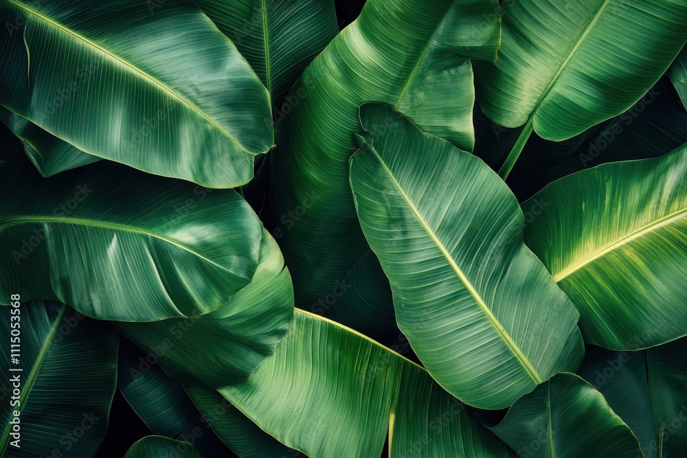 Obraz premium A rich and textured image of overlapping banana leaves in various shades of green
