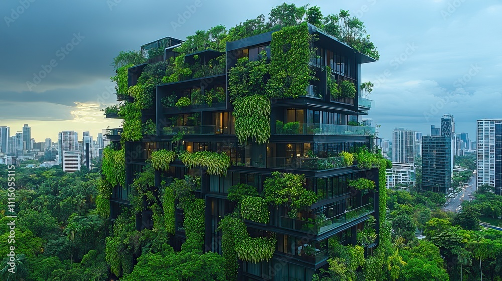 Obraz premium Green initiatives in urban environments, like eco-friendly buildings and lush greenery, help create cooler, cleaner cities and promote sustainability
