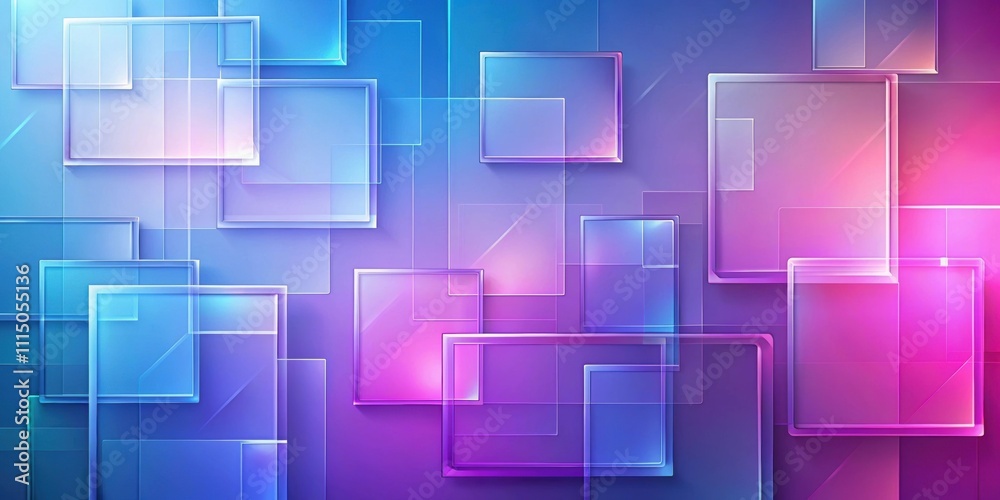 Translucent glass background with square shapes in violet, pink, and blue gradient, geometric, abstract, background Translucent glass background with square shapes in violet, pink, and blue gradient, geometric, abstract, background