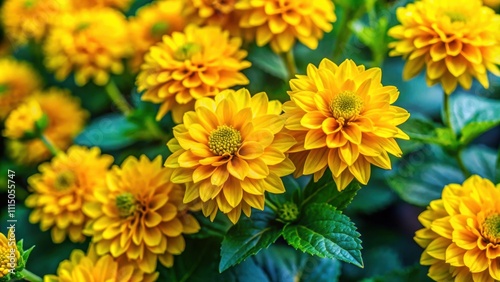Vibrant cluster of bright yellow flowers with lush green leaves, Blooming, Floral, Bright, Yellow, Cluster, Nature, Beauty, Spring