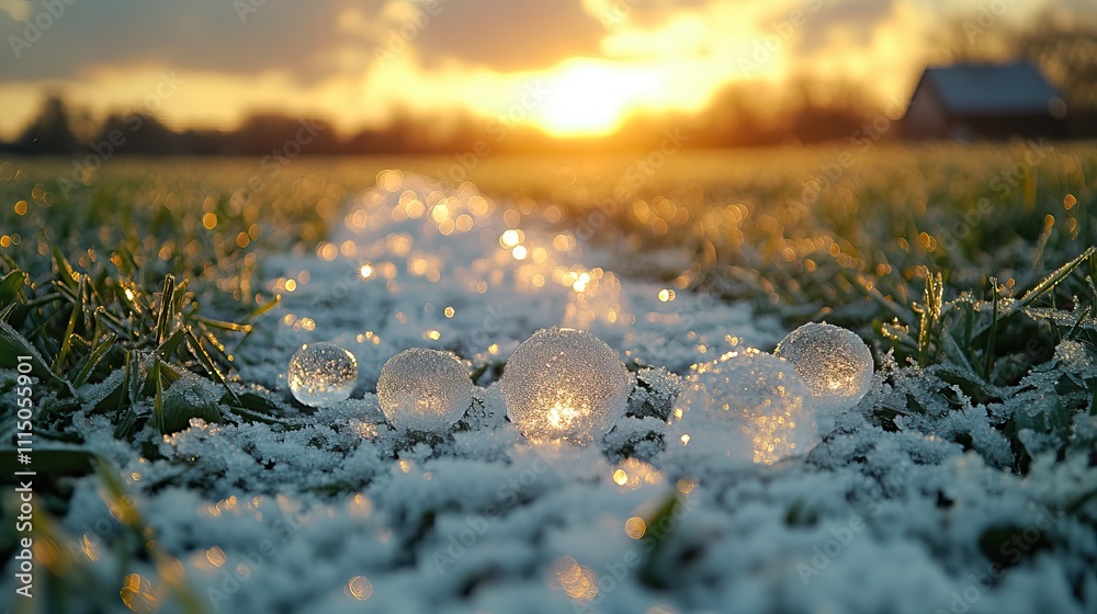 Fototapeta premium Hailstones litter the grass after a heavy storm, leaving a trail of ice and damage in their wake