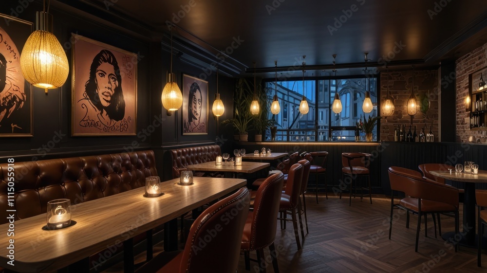 Stylish, intimate restaurant/bar interior with dark walls, brown leather booths, and warm lighting. Stylish, intimate restaurant/bar interior with dark walls, brown leather booths, and warm lighting.