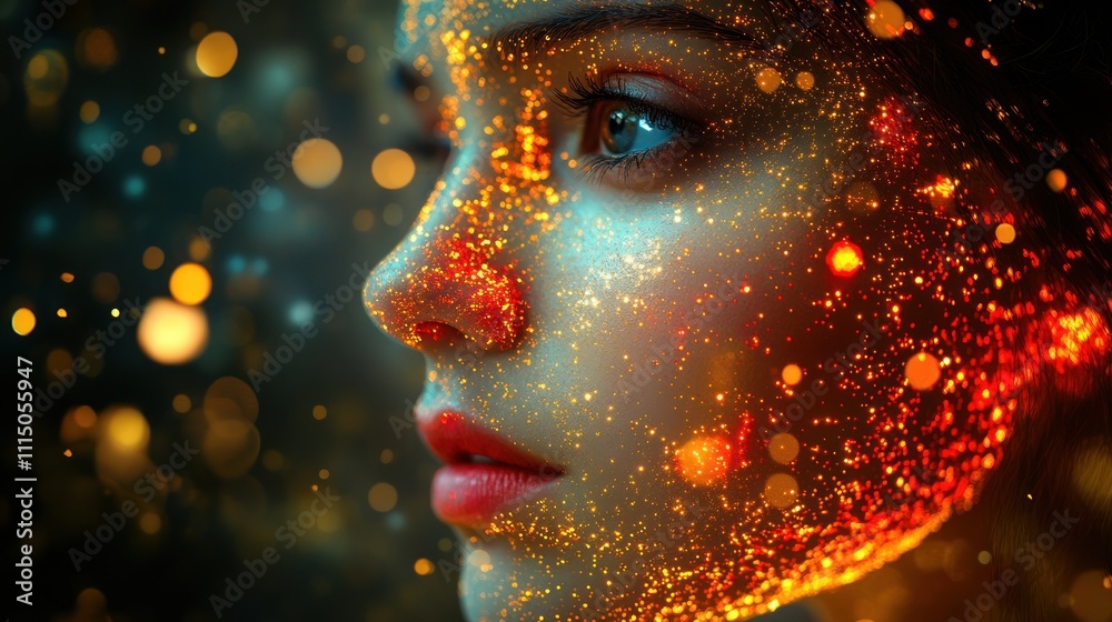 A close-up portrait of a woman with a shimmering, colorful glow of light effects. A close-up portrait of a woman with a shimmering, colorful glow of light effects.